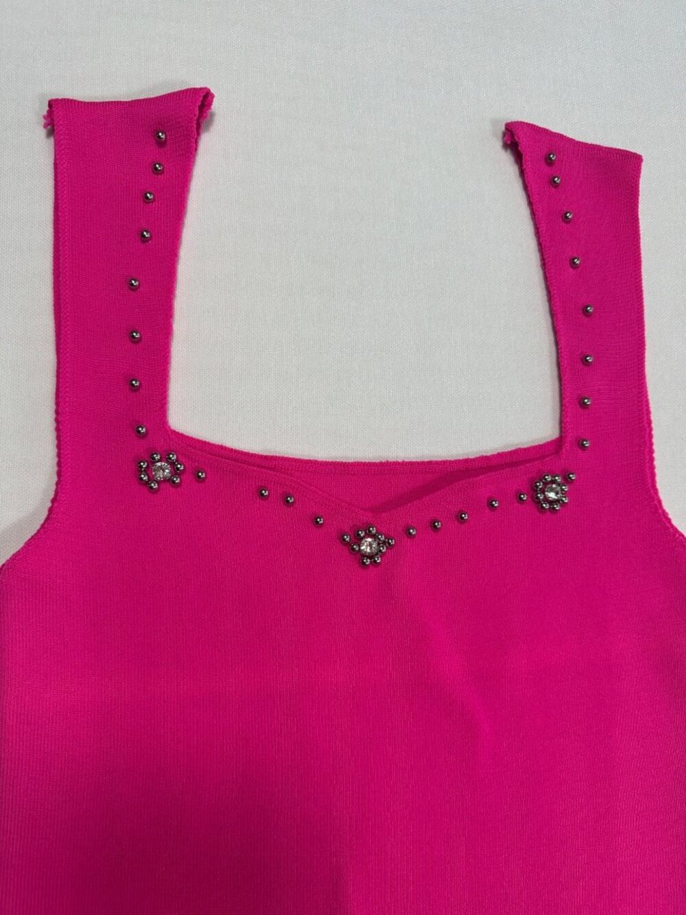 Hot Pink Tricot Knit Tank Top Small / Medium Fuchsia Rhinestone Stud Cami